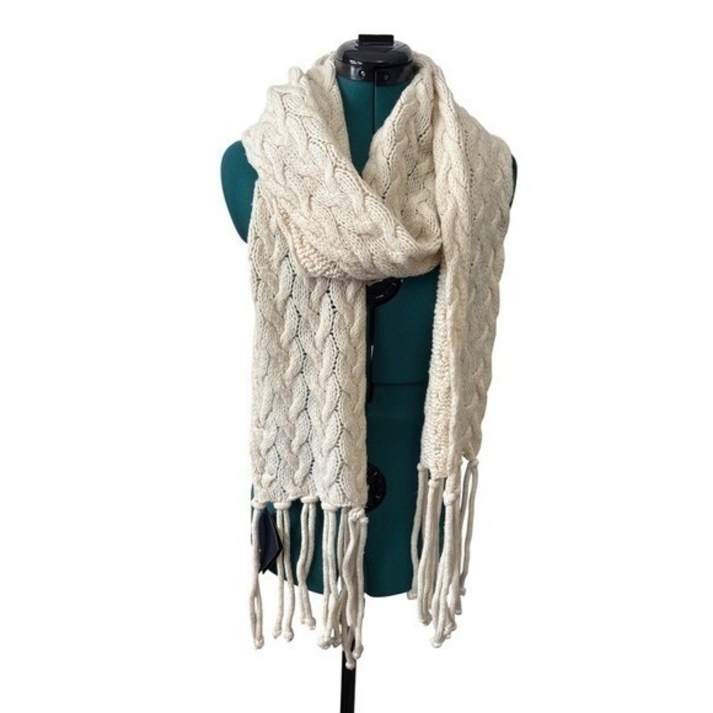 NWT Nua Ireland Merino Wool Silk Cable Knit Scarf Cream Tassels